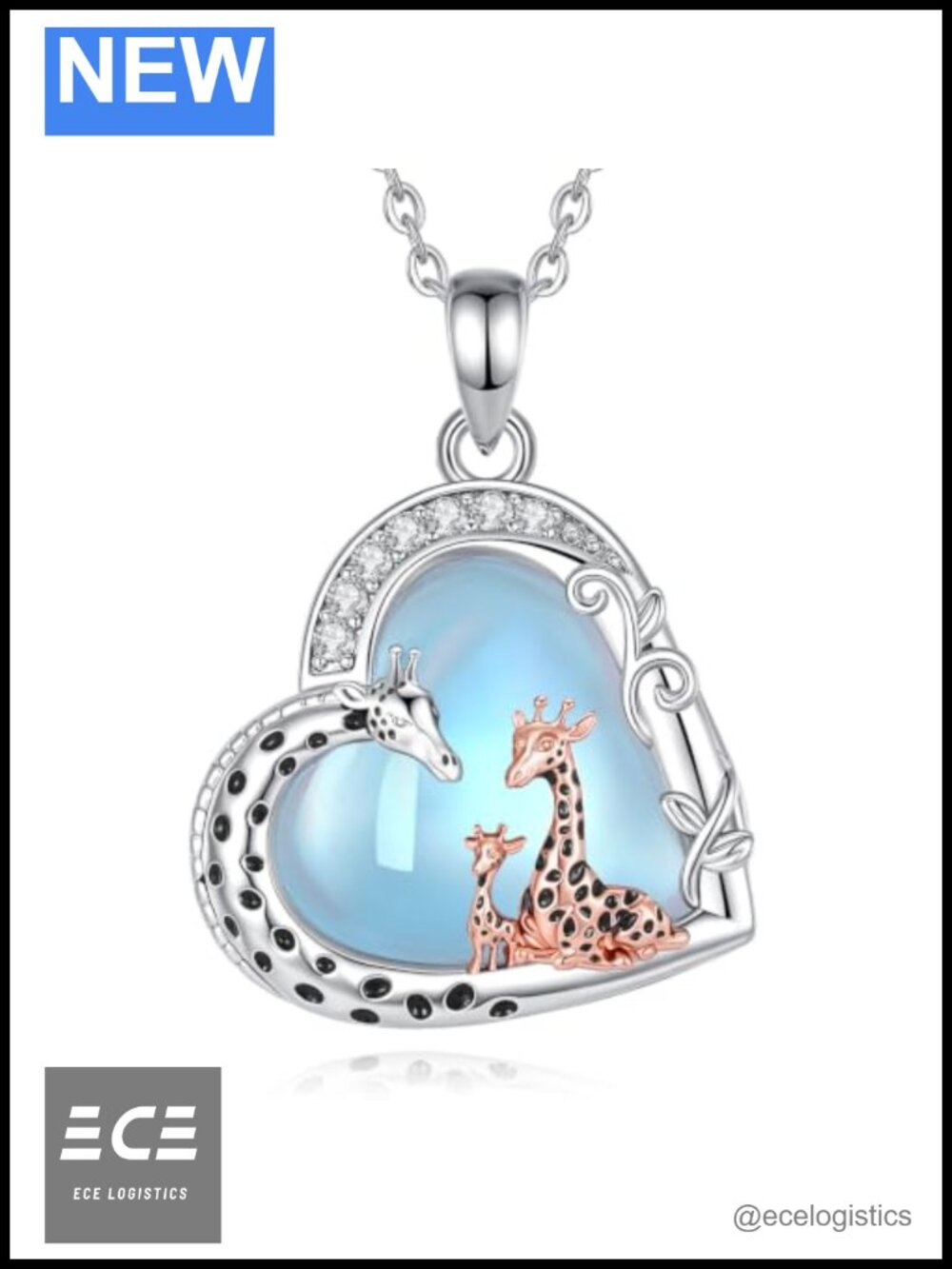 Rhodium Plated Copper Giraffe Heart Pendant Necklace 22in Box Chain